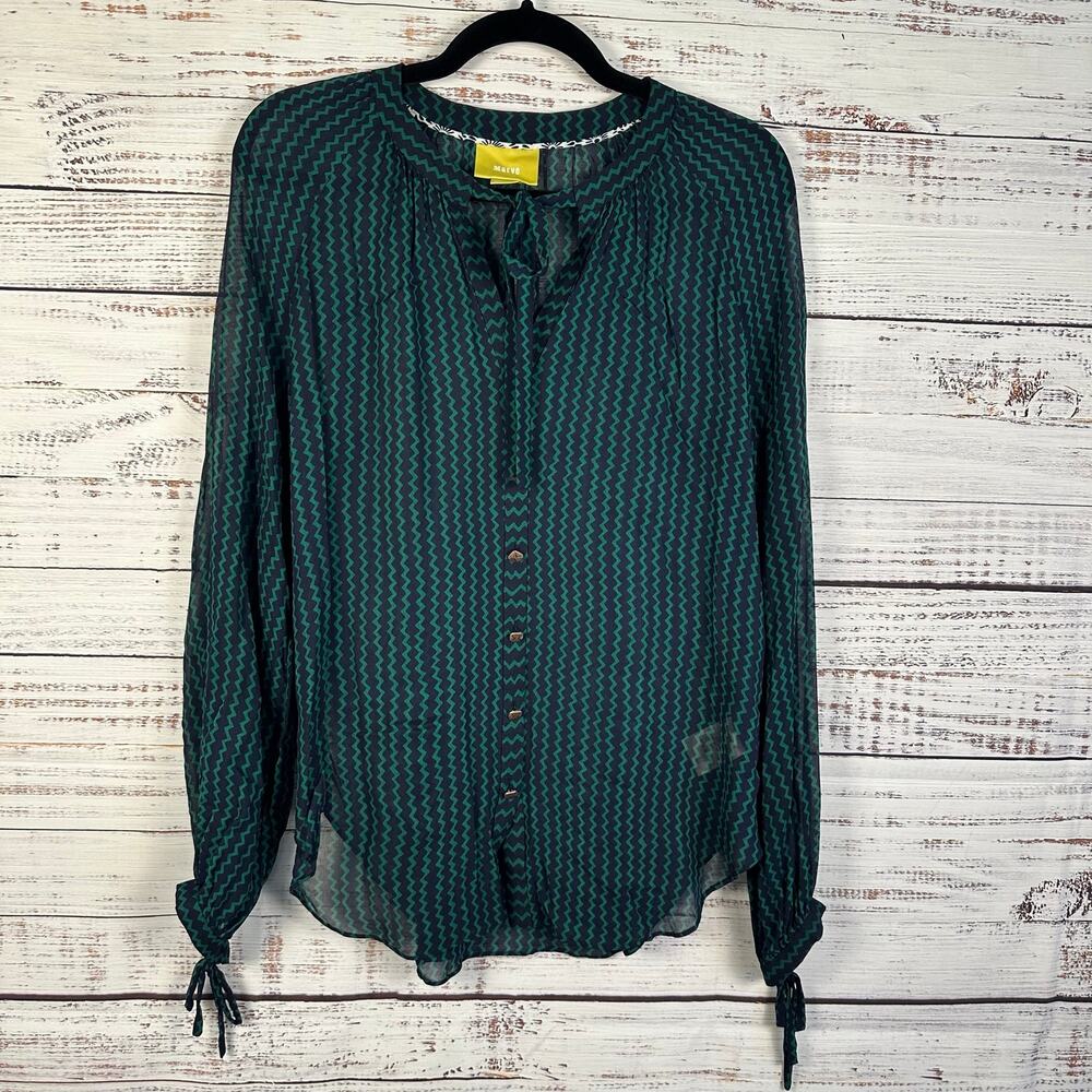 Maeve Della Navy Blue Green Stripe Sheer Blouse Career Anthropologie Womens M